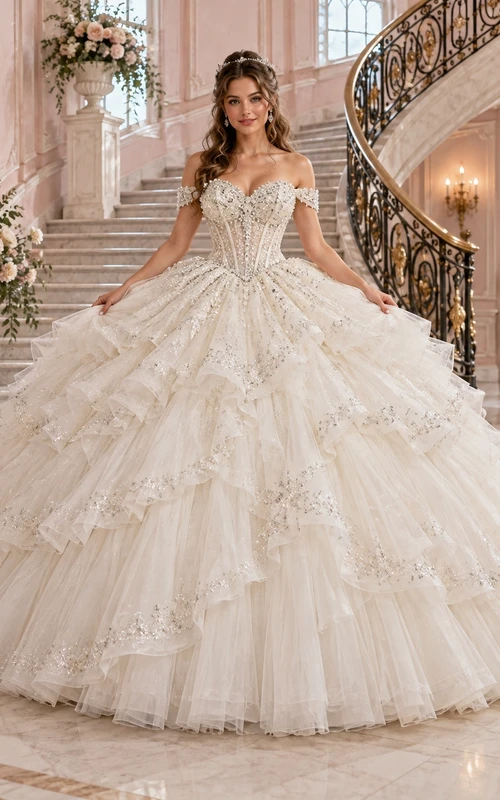 Vestido de novia de princesa con escote corazón, hombros descubiertos, tul con cuentas y volantes en cascada.