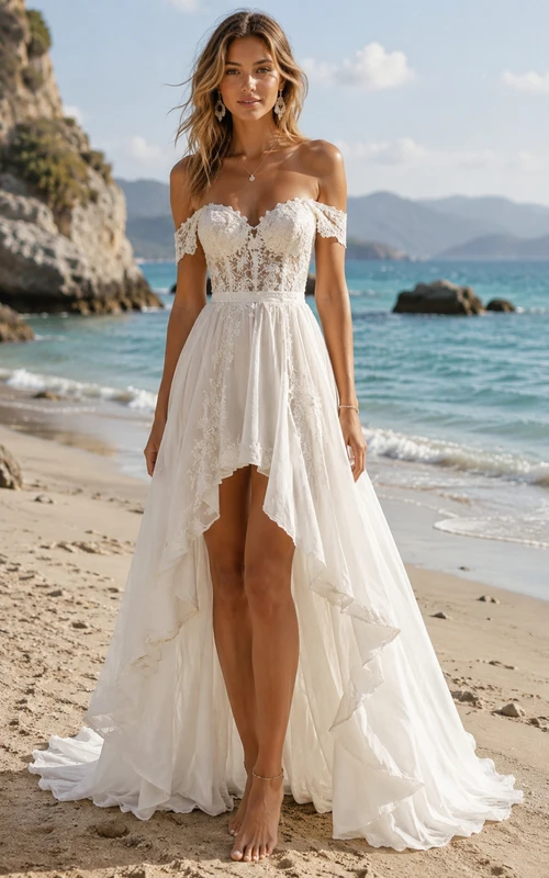 Ivory High-low Off-the-shoulder Chiffon A-line Wedding Dress with Lace