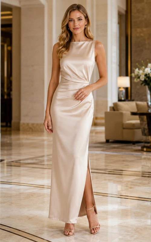 Light Neutral Keyhole Back Satin Slit Gown