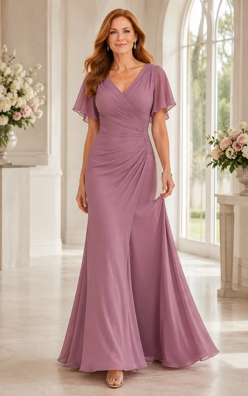 MOB Kleid, mauvefarbener Chiffon-Jersey, Meerjungfrauenstil, kurze Ärmel, V-Ausschnitt, bodenlang, gerafft
