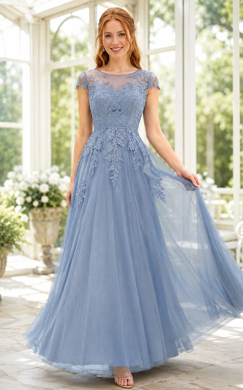 Slate Blue Tulle Ball Gown Cap Sleeve Applique Formal Dress