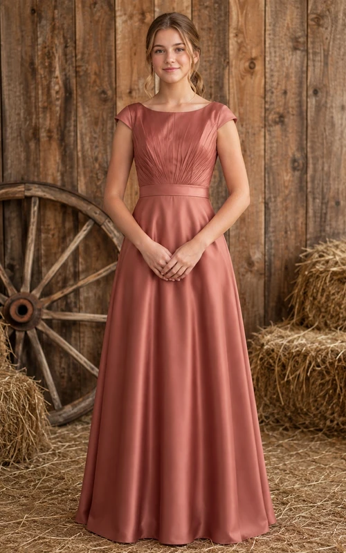 Vintage-Brautjungfernkleid in Mauve, A-Linie, U-Boot-Ausschnitt, kurze Flügelärmel, Falten, romantisch