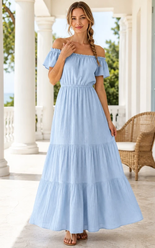 Sky Blue Cotton Gauze Off-the-Shoulder Short-Sleeve Tiered A-Line Dress