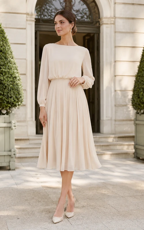 Robe de mariée fluide en mousseline plissée à col montant et manches longues style poète, style maison de thé, col montant