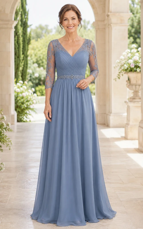 MOB Dress Steel Blue Chiffon Lace A-Line 3/4 Sleeve V-Neck Floor Length Sash Detail
