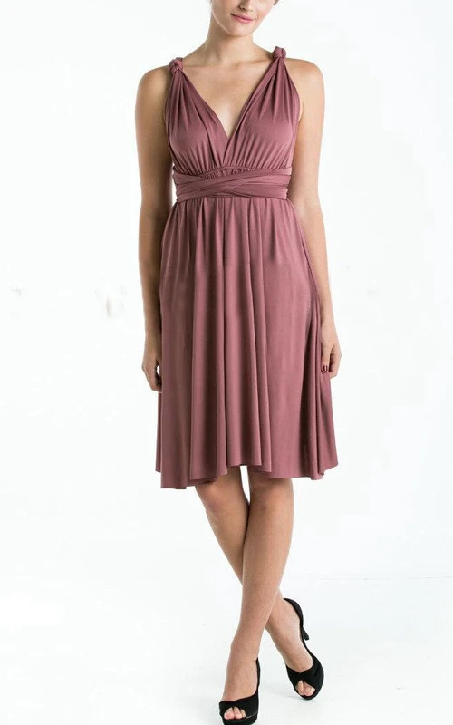 Brautjungfernkleid Infinity Pflaumenfarben, gerader Saum, knielang, Wickelkleid, wandelbar