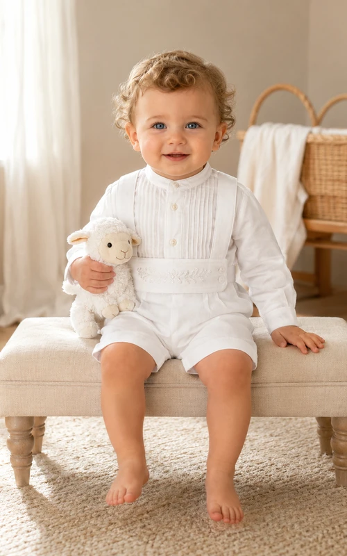 LDS Weißes Langarm-Leinen-Höschen-Set mit Hosenträgern und Segensgruß für Babys