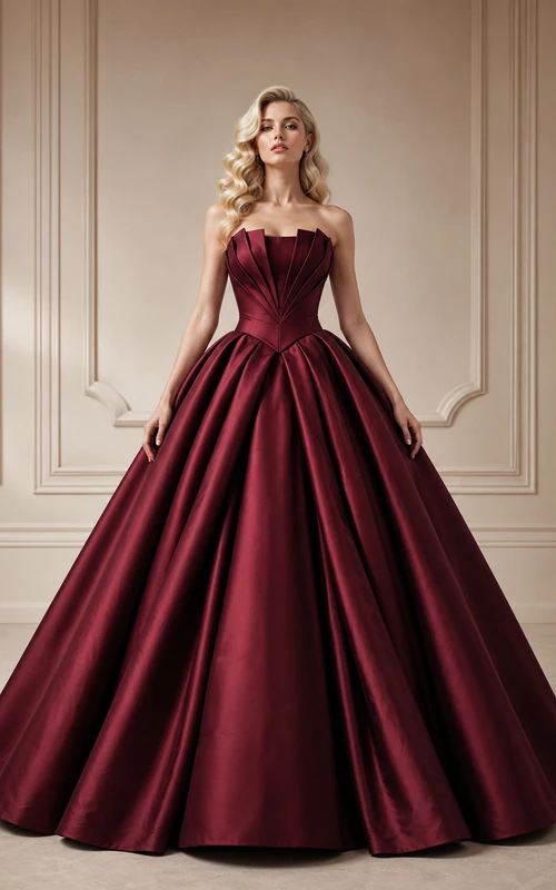 Burgundy Modern Strapless Notched Pleated Mikado Satin Quinceanera Princess Chapel Train Ball Gown