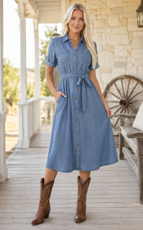 Slate Blue V-Neck Short-Sleeve Tea-Length A-Line Country Dress