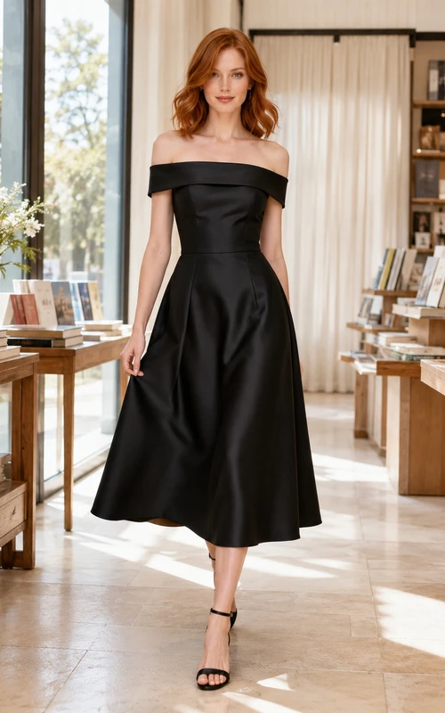 Black off shoulder satin A-line minimalist midi dress