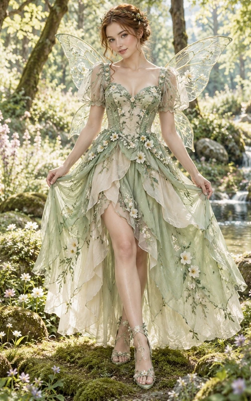 Fairy High-low Sage Floral Sweetheart Puff Sleeve Layered Costume Dress