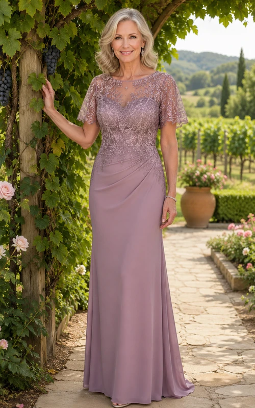 MOB Kleid, mauvefarbenes Chiffon-Spitzenkleid, Etuikleid, kurze Ärmel, U-Boot-Ausschnitt, bodenlang