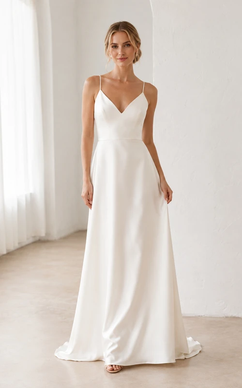 Brautkleid aus Satin, A-Linie, eckiger Ausschnitt, ärmellos, Schleppe