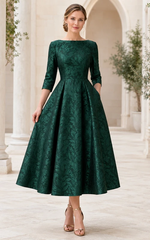 Vestido de invitada jacquard de manga tres cuartos con escote barco en verde oscuro