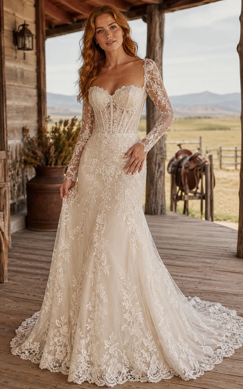 Vestido de novia de tul y encaje campestre, estilo sirena, con escote en V, manga larga, cola de corte y espalda baja en V.
