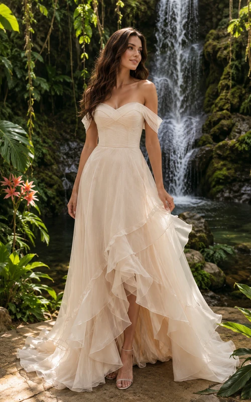 Ruffle Hem Off-Shoulder Tropical Waterfall Elopement Bridal Gown