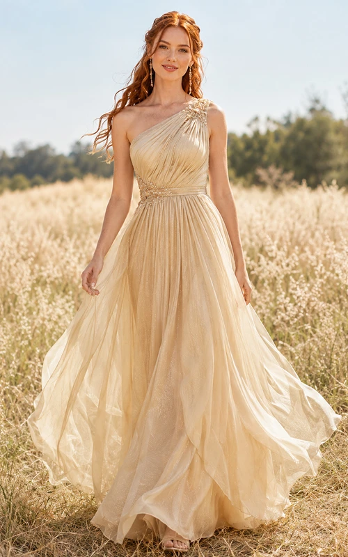 Champagnerfarbenes, einseitig schulterfreies, perlenbesetztes Chiffon-Brautjungfernkleid in A-Linie mit Falten, elegantem Schnitt für den Garten