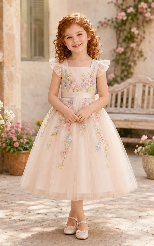 Robe de demoiselle d'honneur princesse à broderies florales pastel, longueur thé, coupe trapèze, en tulle, col carré, manches courtes