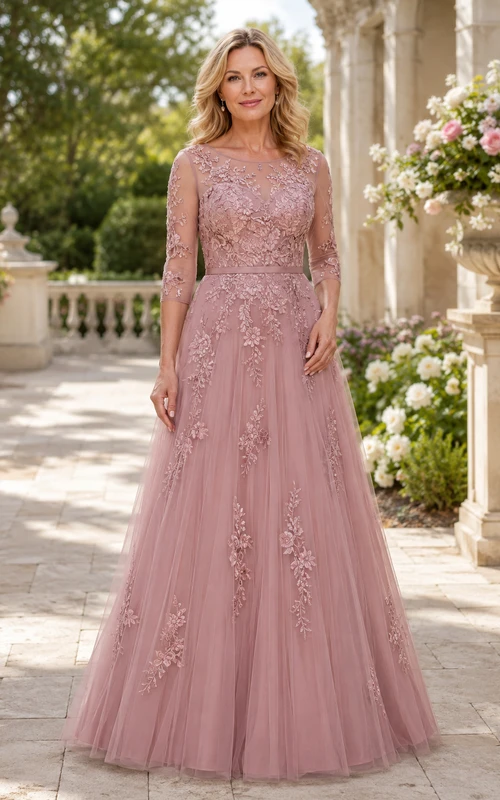 Dusty Rose Tulle A-Line Mother Dress With Lace Sleeves