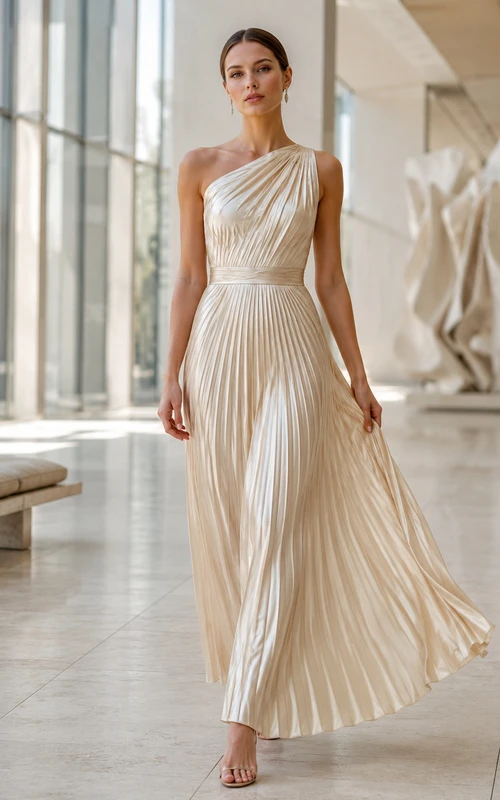 Einseitig schulterfreies, plissiertes Satin-Kleid in Teelänge für eine Museumshochzeit