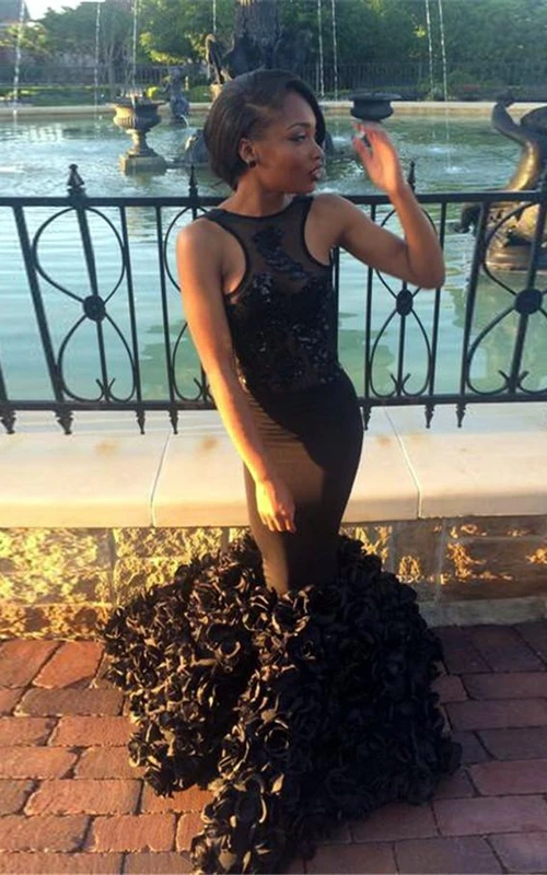 Sexy schwarzes ärmelloses Meerjungfrauen-Abendkleid, bodenlang, mit Blumenmuster