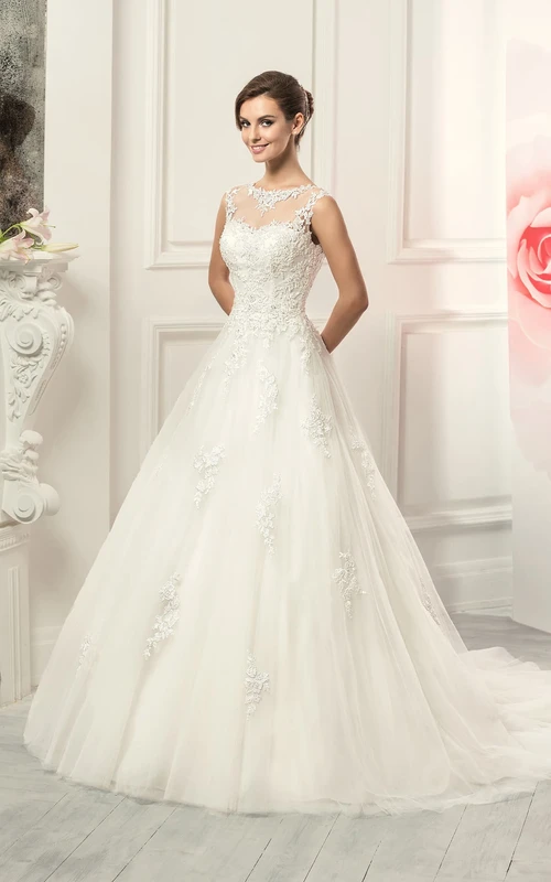 Ballkleid, bodenlang, ärmellos, mit Applikationen aus Tüll und Spitze