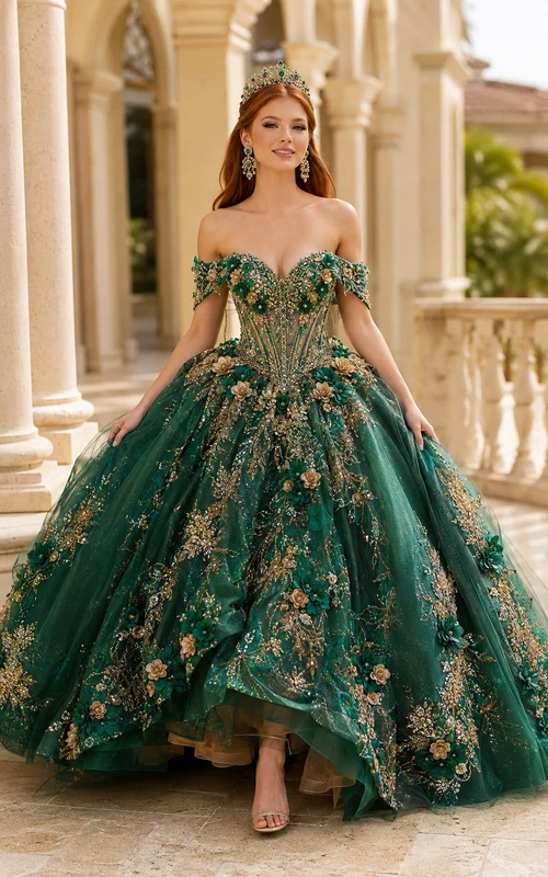 Dark Green and Gold Floral Applique Ball Gown Quinceanera Dress