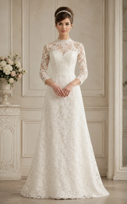 Vintage 3/4 Sleeve Lace A-Line Wedding Dress