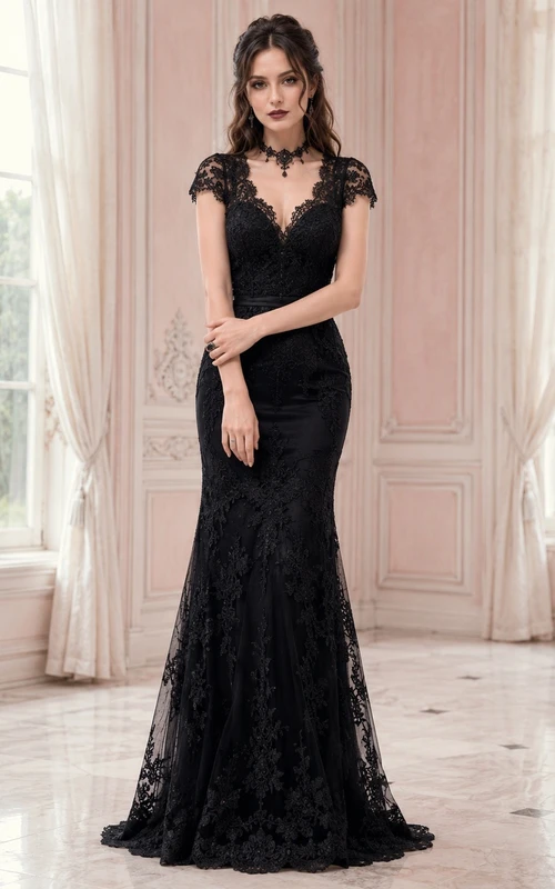Gothic Black Lace Mermaid Sweep Train V-Neck Cap Sleeve Evening Dress