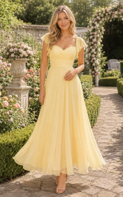 Vestido formal de tul hasta la rodilla con estampado de narcisos y escote corazón.