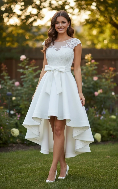 Vestido moderno de encaje y satén con corte asimétrico