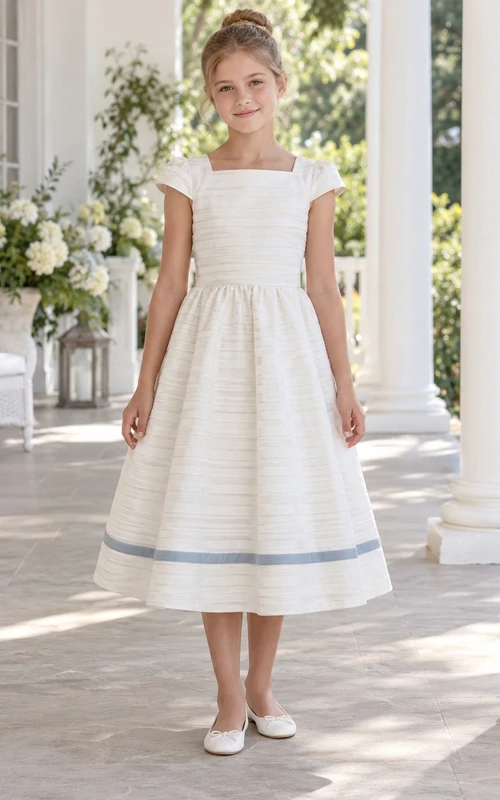 Square Neck Tea-length Ivory Patterned Stripe Cap Sleeve Gathered Blue-Trimmed A-Line Flowergirl Dress
