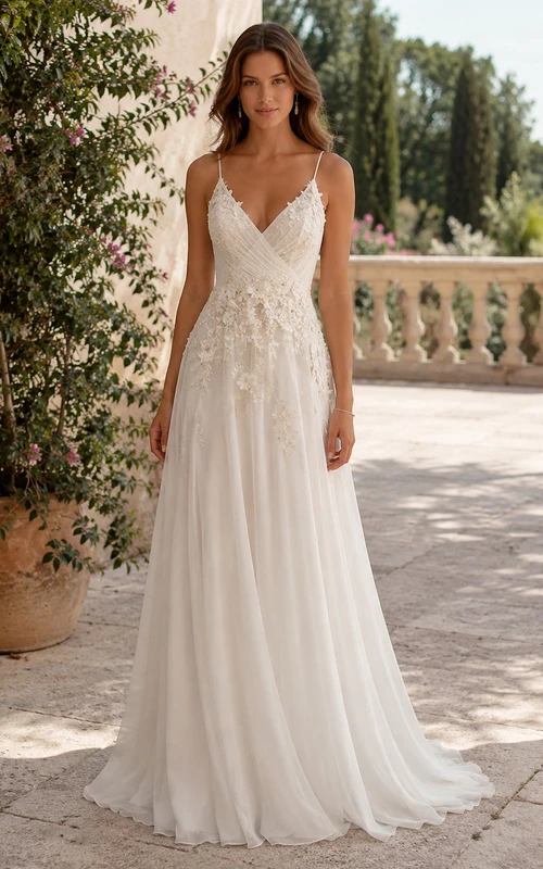 Robe de mariée trapèze en mousseline à fines bretelles et corsage en dentelle