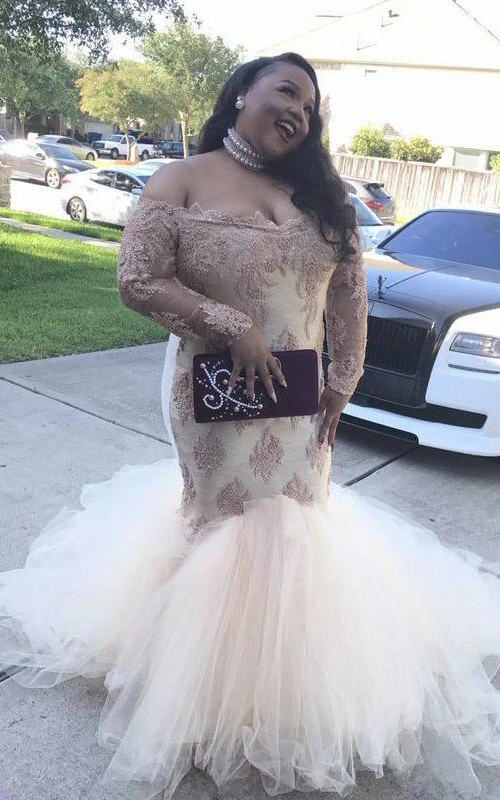 Robe sirène trompette en dentelle et tulle, épaules dénudées, manches longues, fermeture éclair