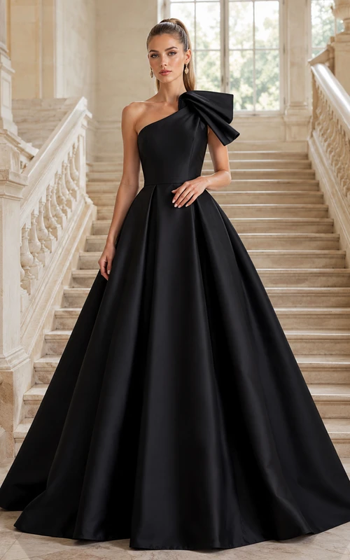 Vestido de noche largo de satén negro con un solo hombro, lazo extragrande y pliegues.