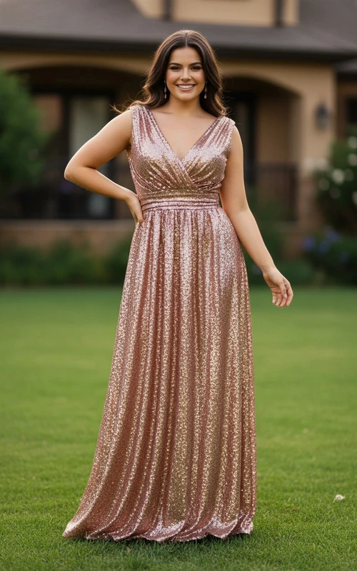 Funkelndes, plissiertes Abendkleid mit V-Ausschnitt