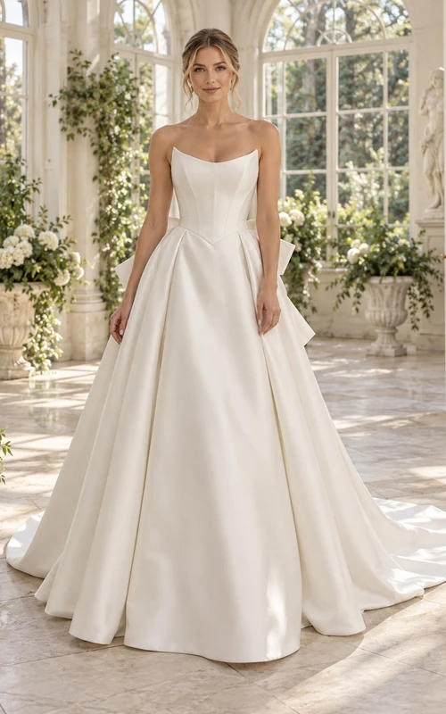 Vestido de novia de satén plisado con escote redondo, cadera esculpida y lazo, sin tirantes