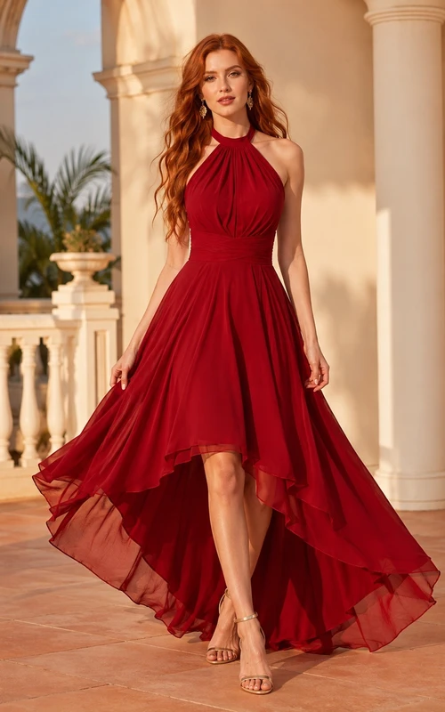 Sexy Red Chiffon High-Low Halter Pleated A-Line Evening Dress
