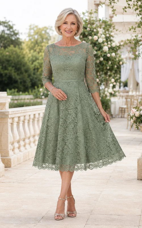 Salbeigrünes, zierliches Vintage-Kleid mit Muschelsaum, U-Boot-Ausschnitt, Dreiviertel-Ausschnitt, Illusionsspitze, A-Linie, Teelänge – das perfekte Kleid für die Großmutter der Braut
