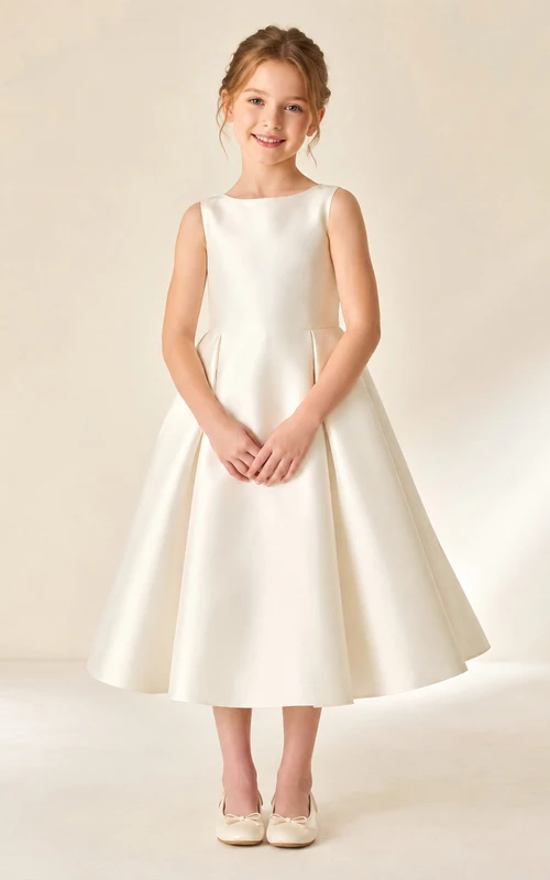 Vestido de niña de flores moderno y elegante color marfil con lazo en la espalda, corte en A, sin mangas, cuello redondo y falda hasta la rodilla.