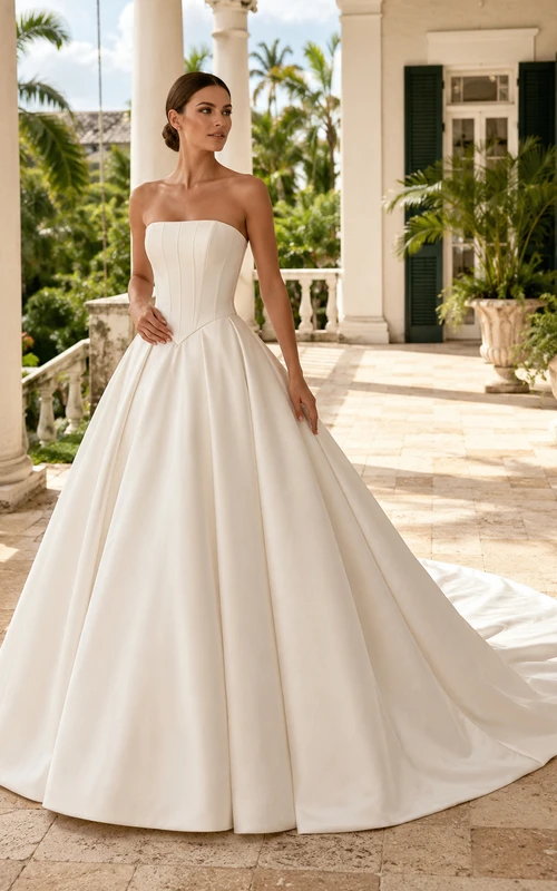 Trägerloses, plissiertes Satin-Ballkleid mit Kapellenschleppe – Resort-Hochzeitskleid