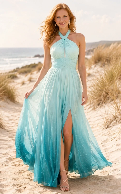 Turquoise Beach Halter Chiffon Split A-Line Floor-Length Evening Dress
