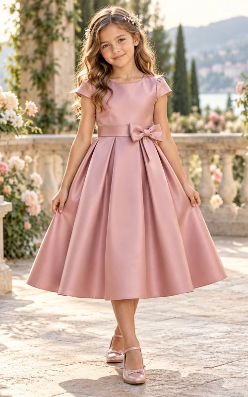 Dusty Rose Cap Sleeve Bow Waist Pleated Tea-length Flower Girl Dress