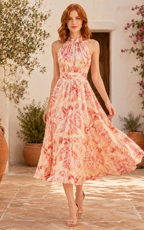 Vestido midi de corte A con escote halter y volantes en forma de concha de coral