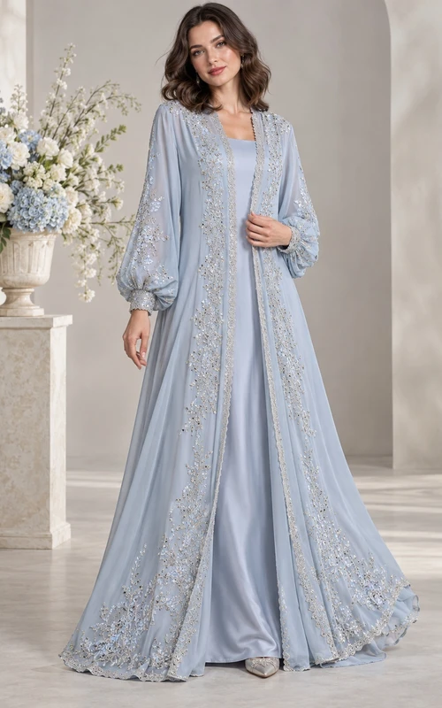 Modest Long Sleeve Blue Floral Lace Trim Flowing Engagement Abaya Dress