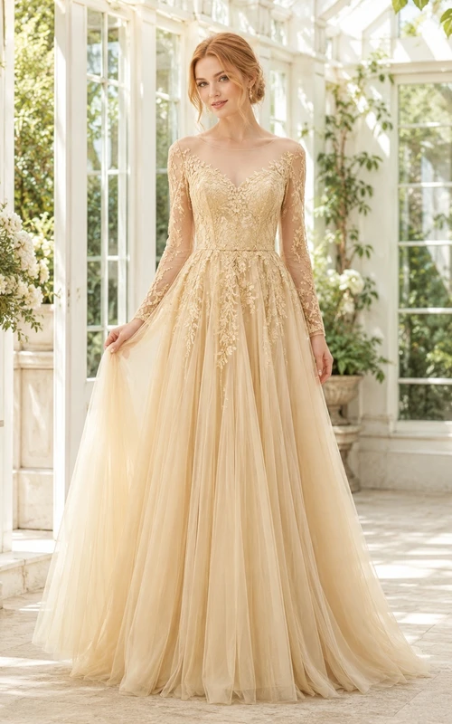 Gold Illusion Bateau Long Sleeve Applique Tulle A-Line Floor-Length Gown