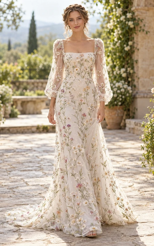 Boho Square Neck Bell Sleeve Floral Embroidered Sheath Wedding Dress