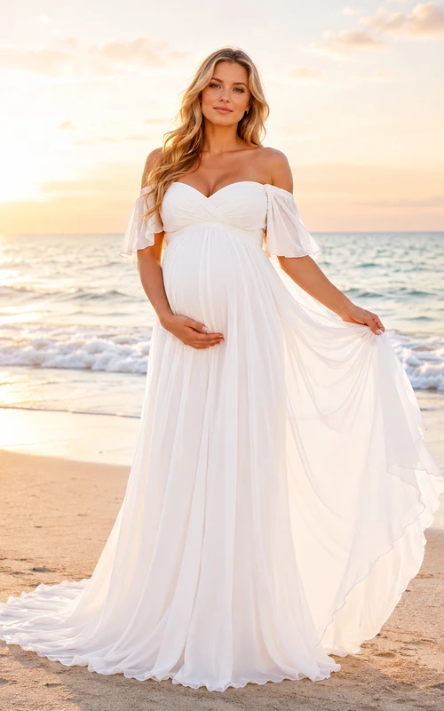 Fließendes schulterfreies Chiffon-Strandkleid für Schwangerschaftsfotoshootings