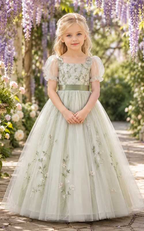 Blumenmädchenkleid aus salbeigrüner Spitze und Tüll, A-Linie, Puffärmel, Rundhalsausschnitt, Teelänge, Schärpendetails