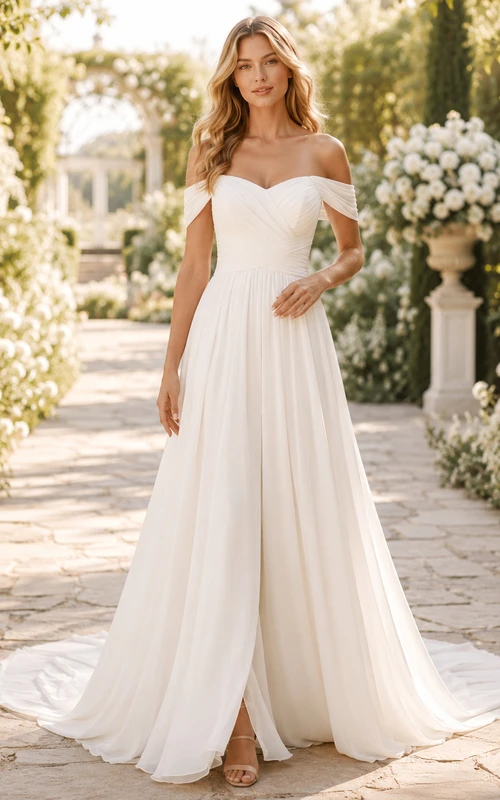 Vestido de novia de gasa, corte A, hombros descubiertos, largo hasta el suelo con abertura en la espalda en V.
